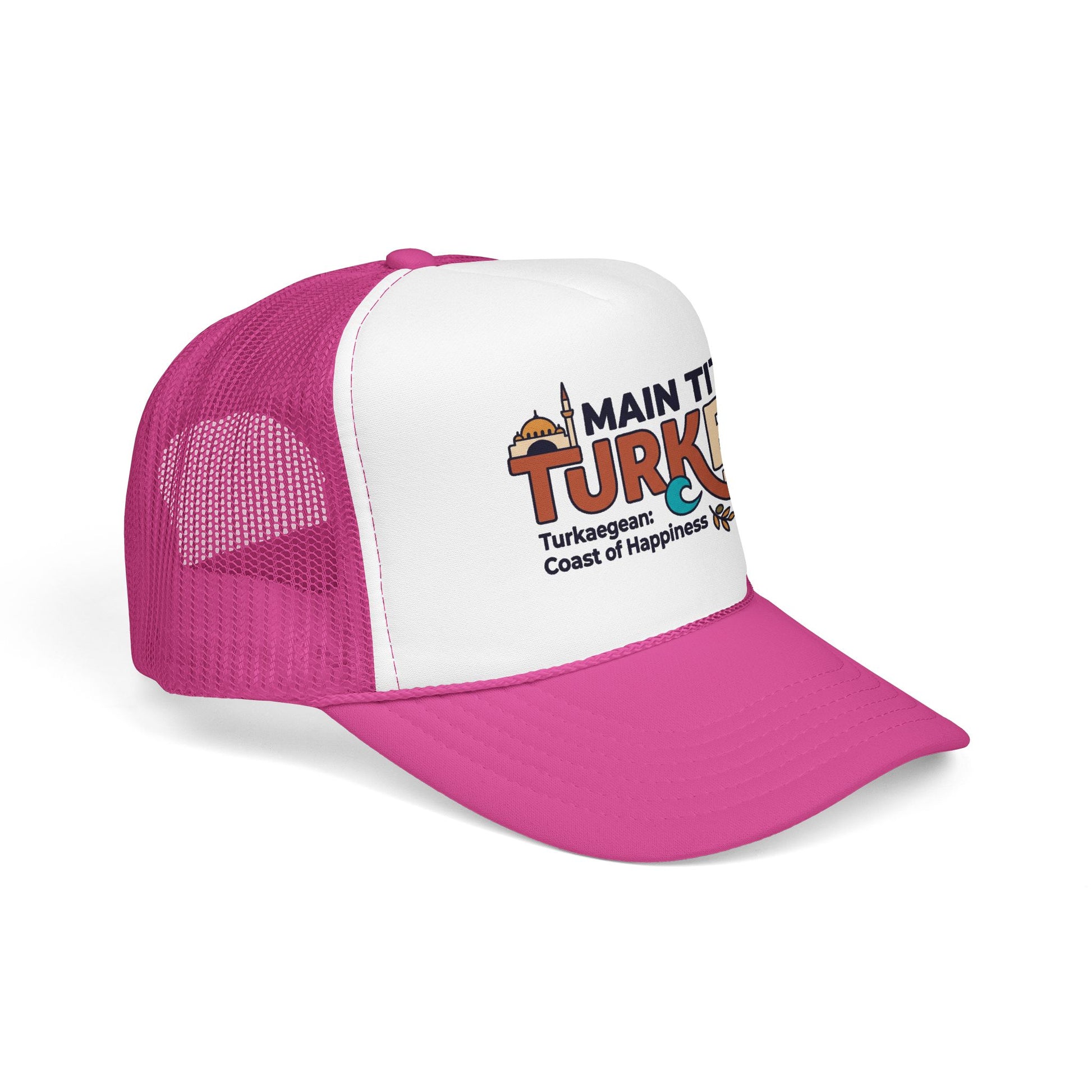 Hot pink and white foam trucker hat with front logo patch and curved brim