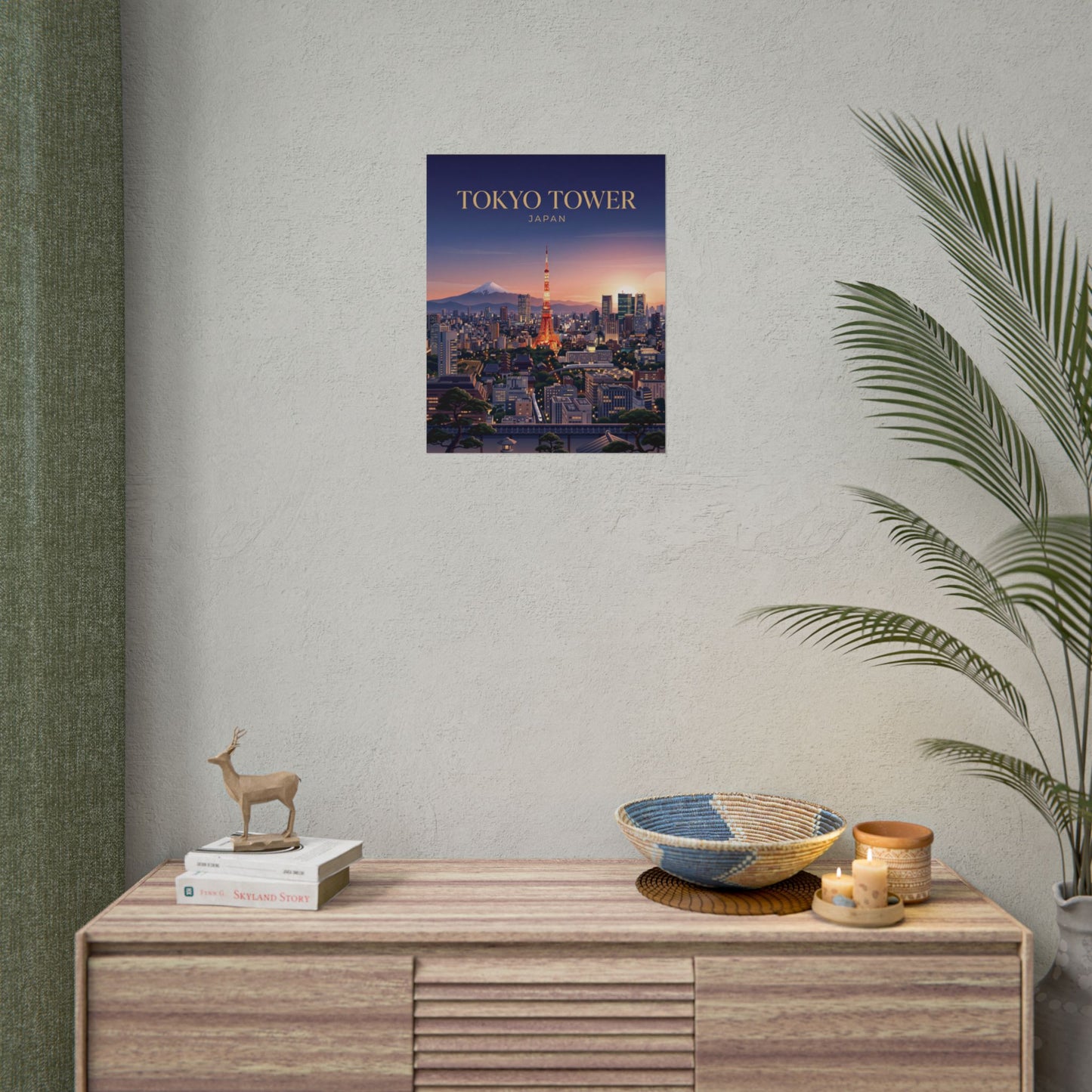 Tokyo Tower cityscape rolled poster on wall, glowing tower over city skyline