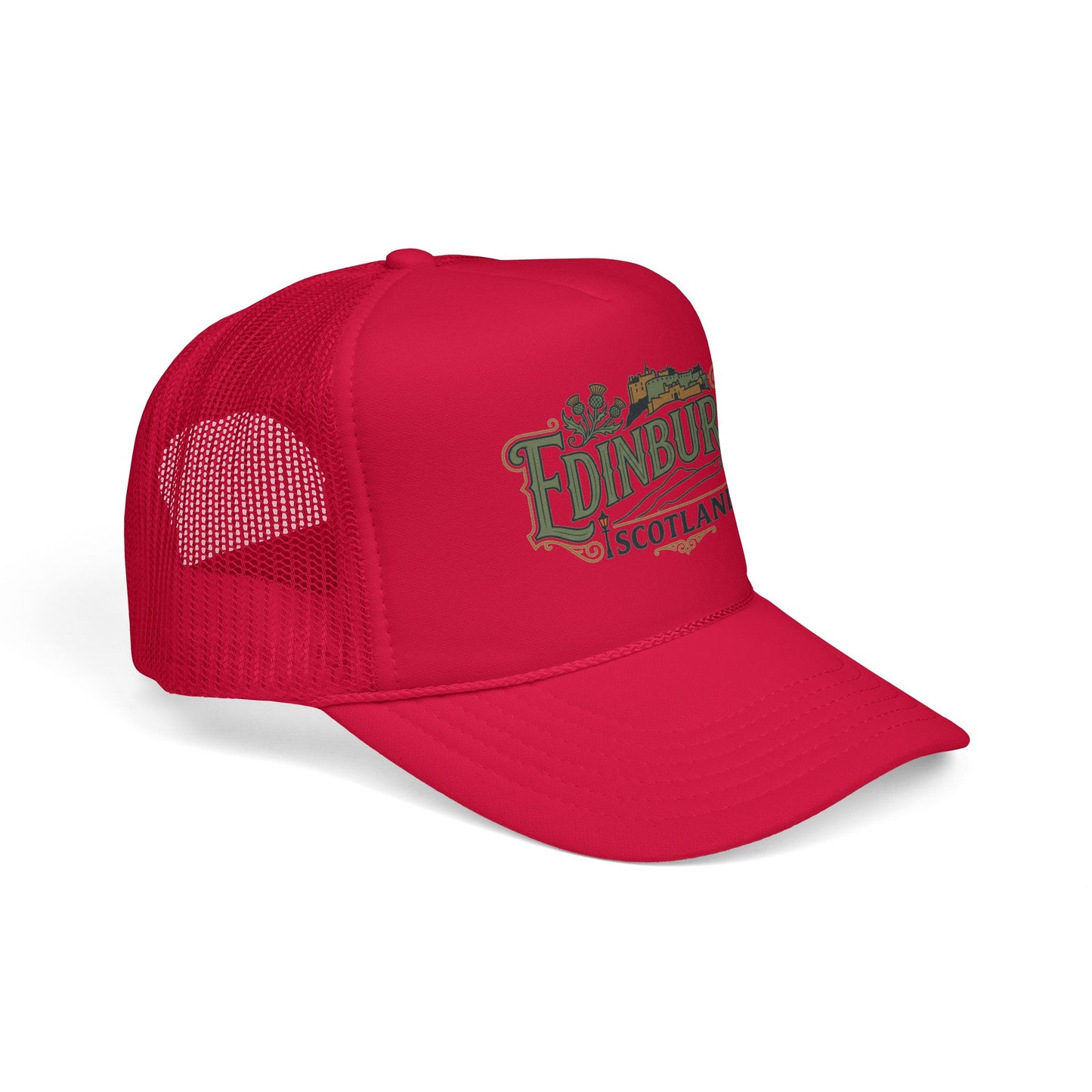 Red trucker hat with mesh back and Edinburgh Scotland logo patch