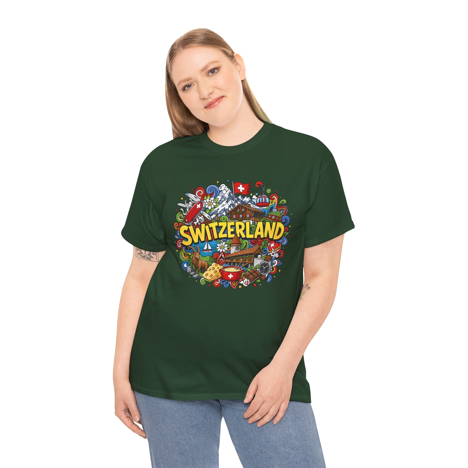 Dark green travel t-shirt with colorful Switzerland-themed front graphic