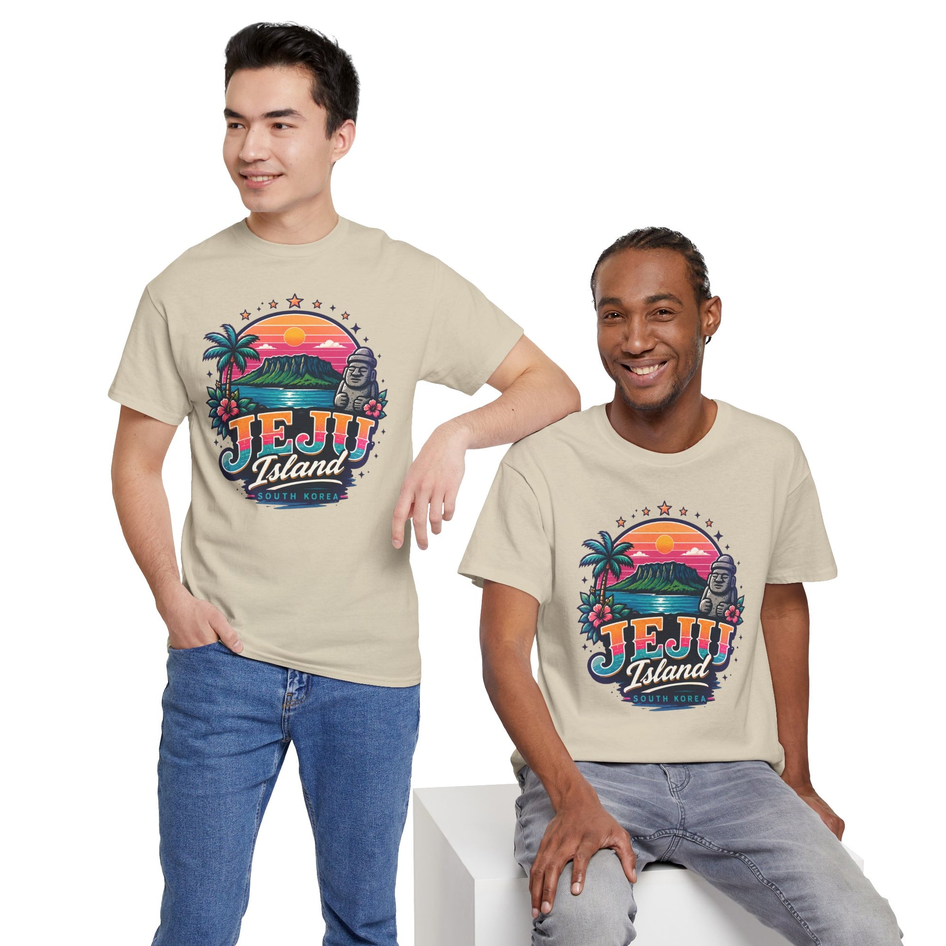 Natural beige crew-neck graphic t-shirt worn by two people, front print visible
