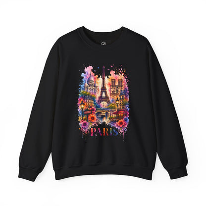 Black crewneck sweatshirt with colorful Eiffel Tower floral graphic and "PARIS" text
