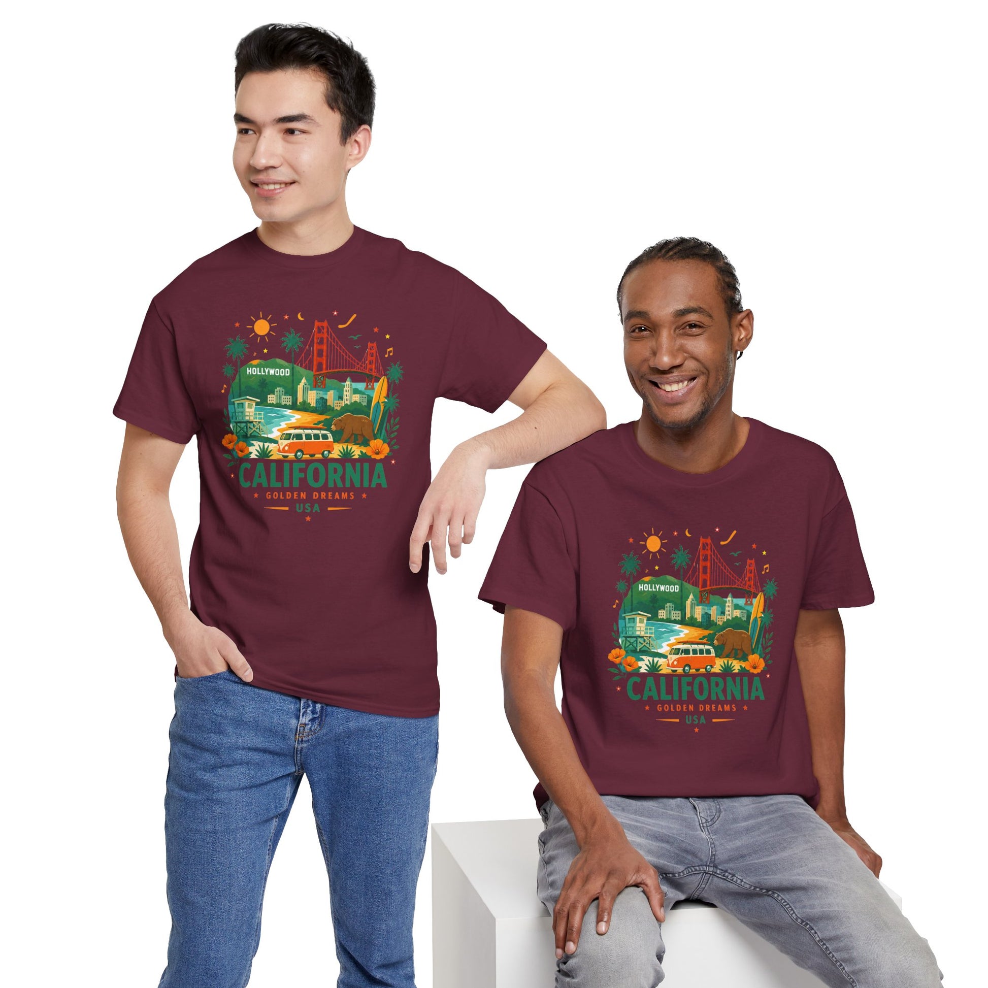 Maroon T-shirt with colorful California graphic print worn by two models