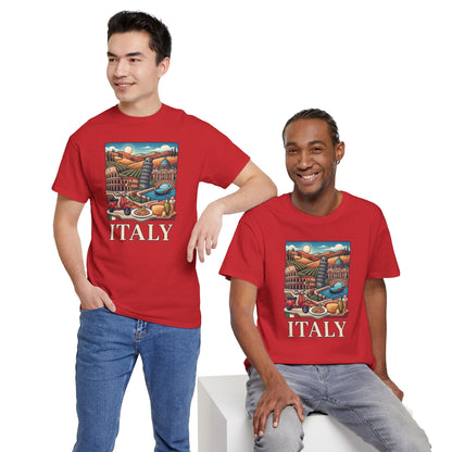 Red T-shirt with Italy scenic print and ITALY lettering on two models