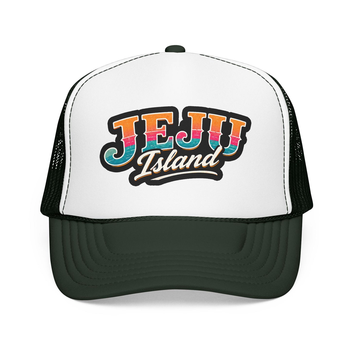 White and dark green foam trucker hat with front “JEJU Island” logo patch