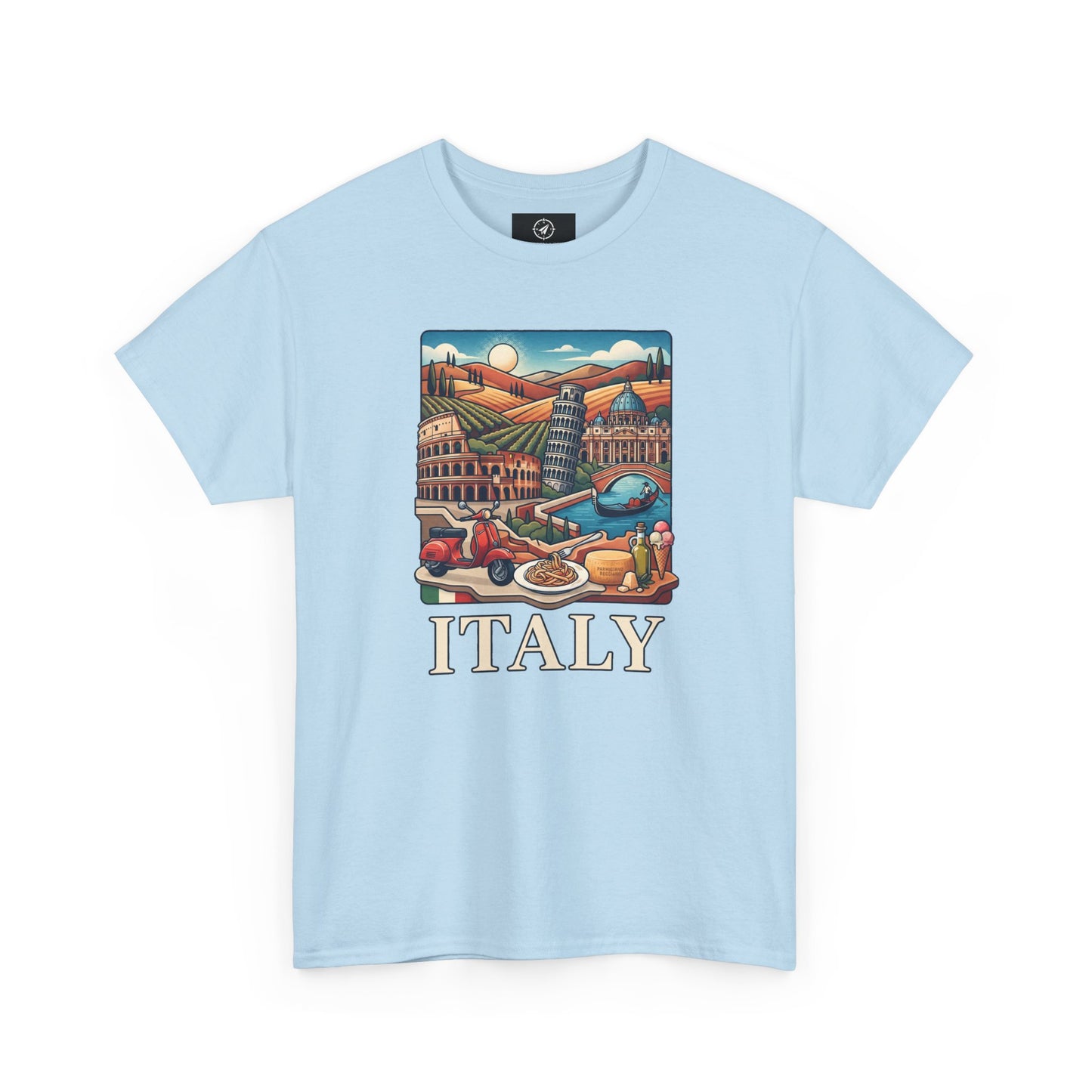 Light blue short-sleeve crewneck graphic T-shirt with Italy scene and “ITALY” text