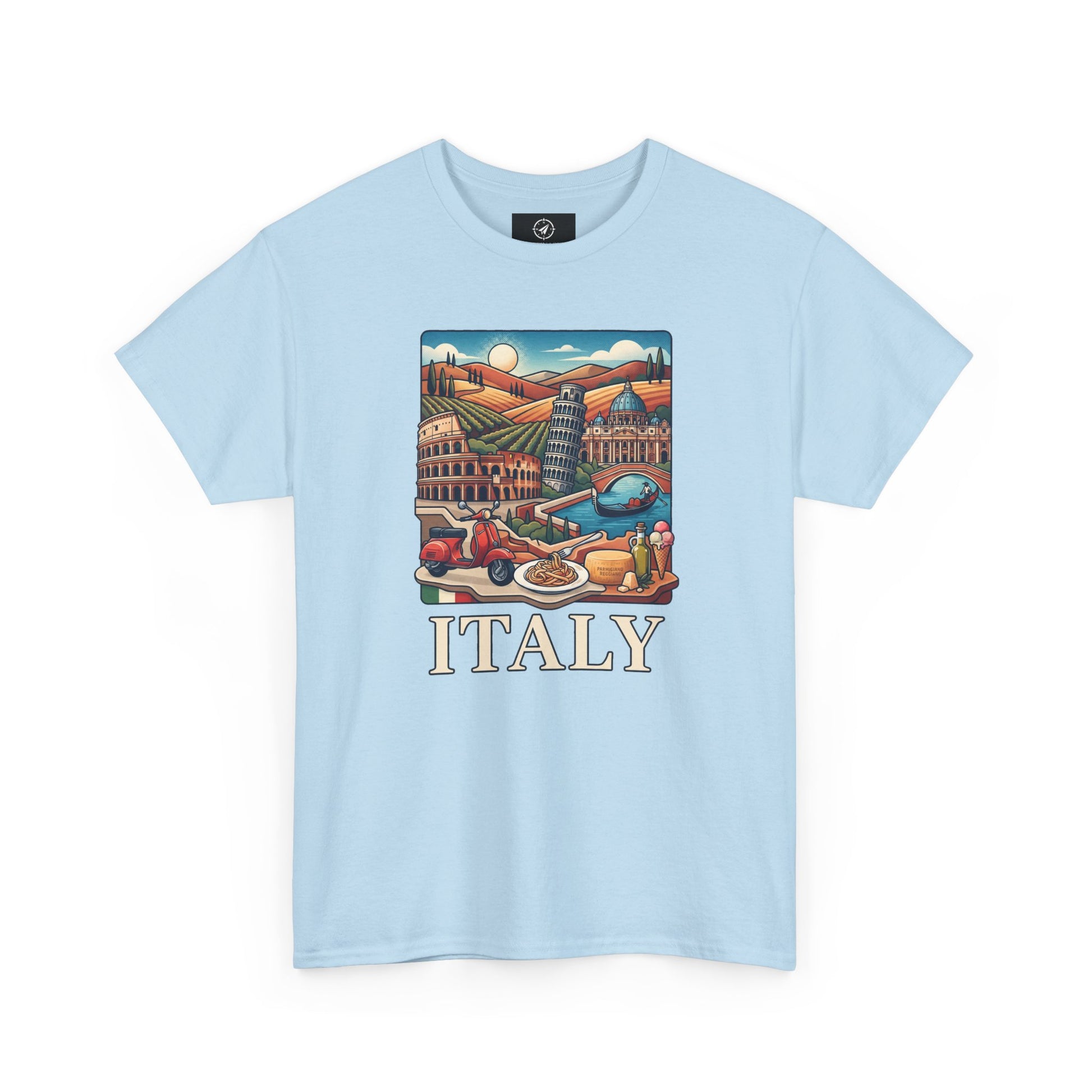 Light blue short-sleeve crewneck graphic T-shirt with Italy scene and “ITALY” text