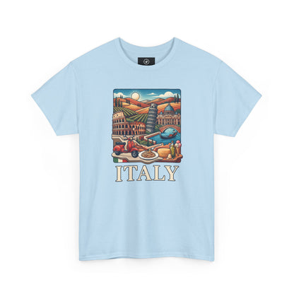 Light blue short-sleeve crewneck graphic T-shirt with Italy scene and “ITALY” text