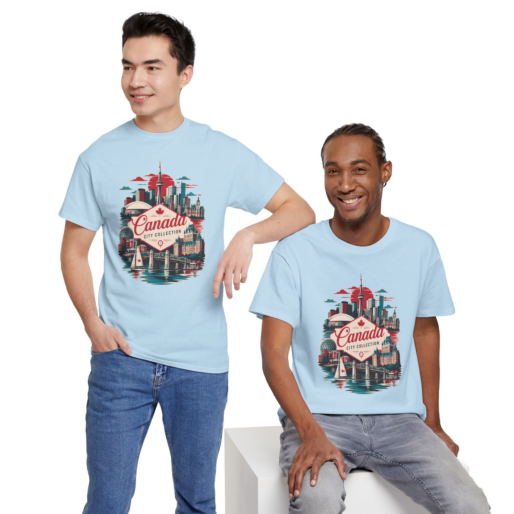 Light blue crewneck T-shirt with retro Toronto skyline and Canada graphic on the front
