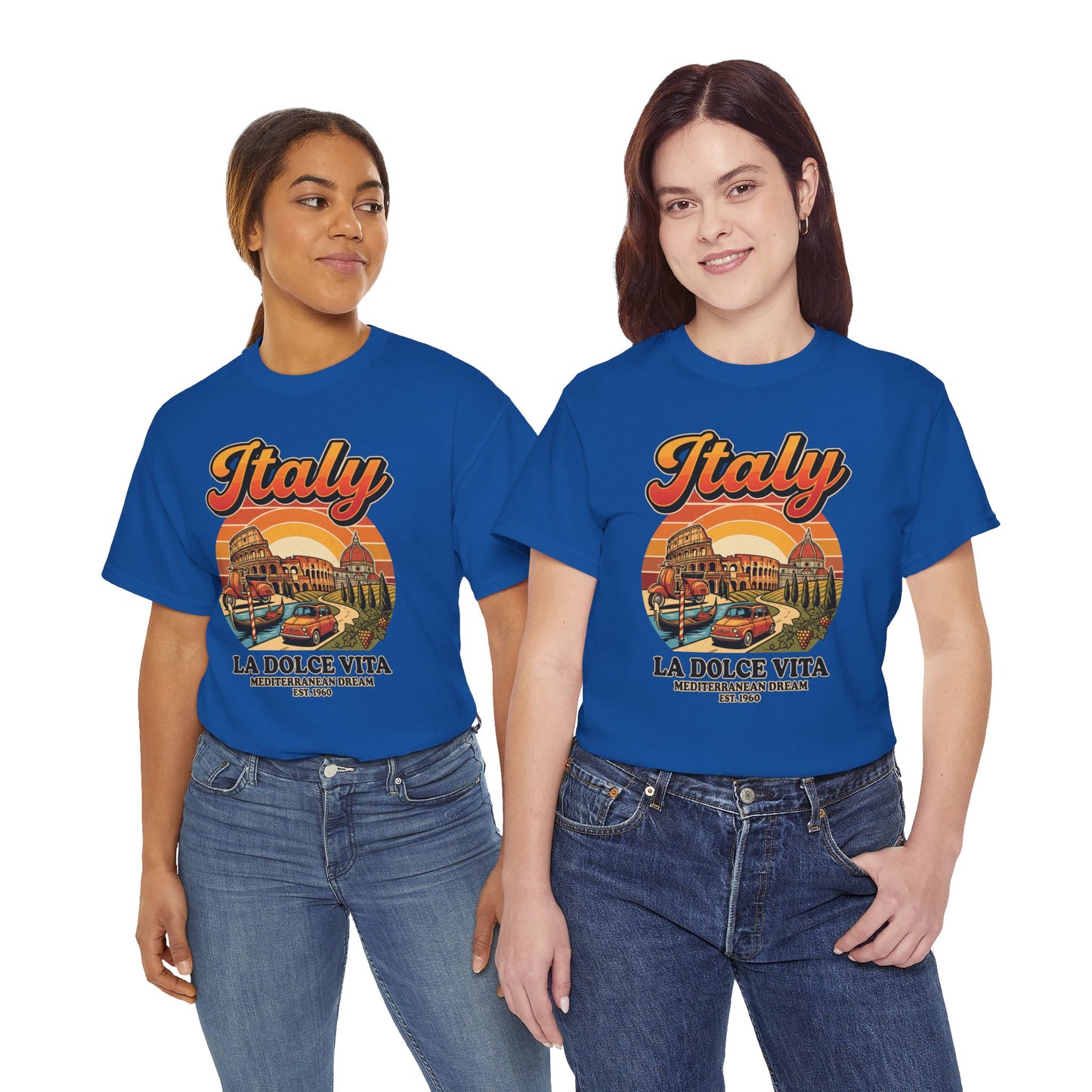 Royal blue crewneck t-shirt with colorful Italy “La Dolce Vita” graphic front print
