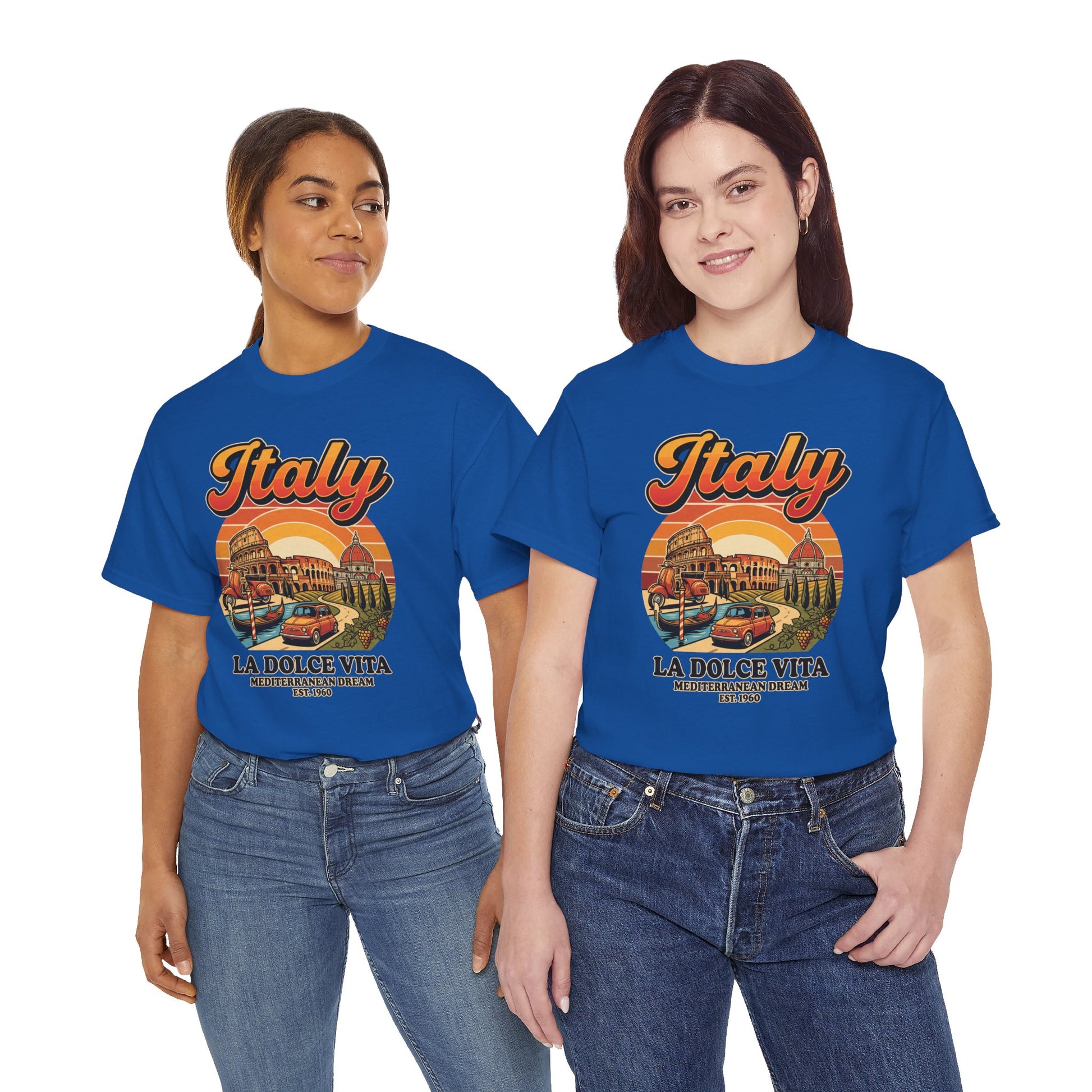 Royal blue crewneck t-shirt with colorful Italy “La Dolce Vita” graphic front print