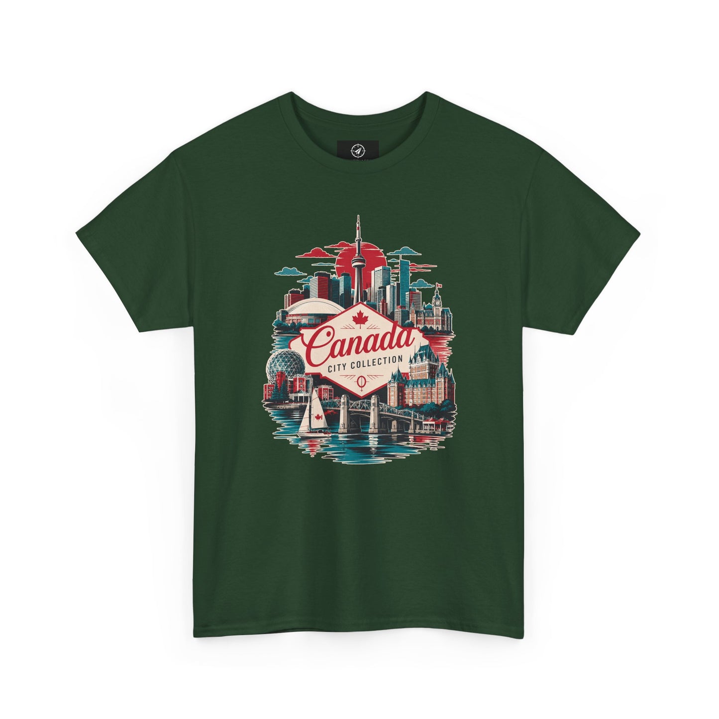 Forest green crewneck T-shirt with front Canada City Collection skyline graphic