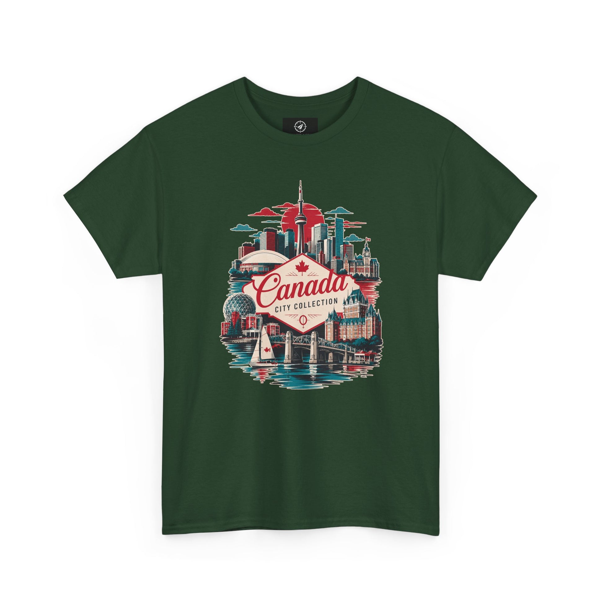 Forest green crewneck T-shirt with front Canada City Collection skyline graphic