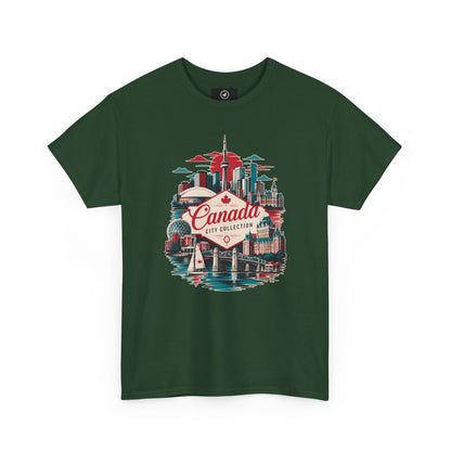 Forest green crewneck T-shirt with front Canada City Collection skyline graphic