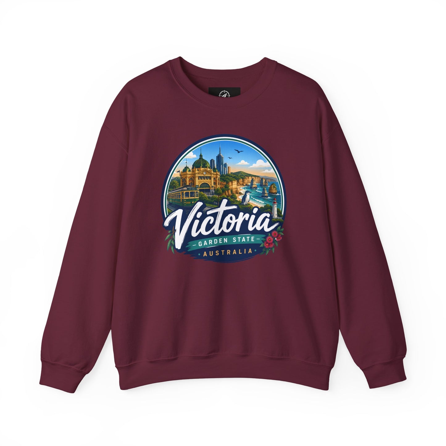 Maroon crewneck sweatshirt with circular Victoria Australia graphic on the chest