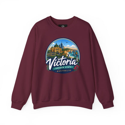 Maroon crewneck sweatshirt with circular Victoria Australia graphic on the chest