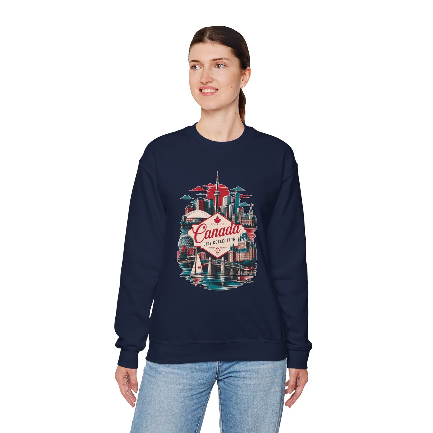 Navy crewneck sweatshirt with multicolor Toronto Canada graphic on front.