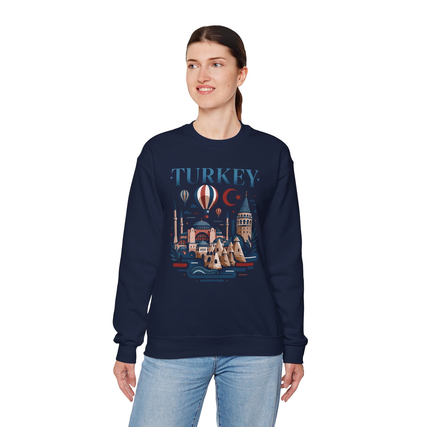 Navy crewneck sweatshirt with colorful Turkey skyline graphic on the front, worn by model.