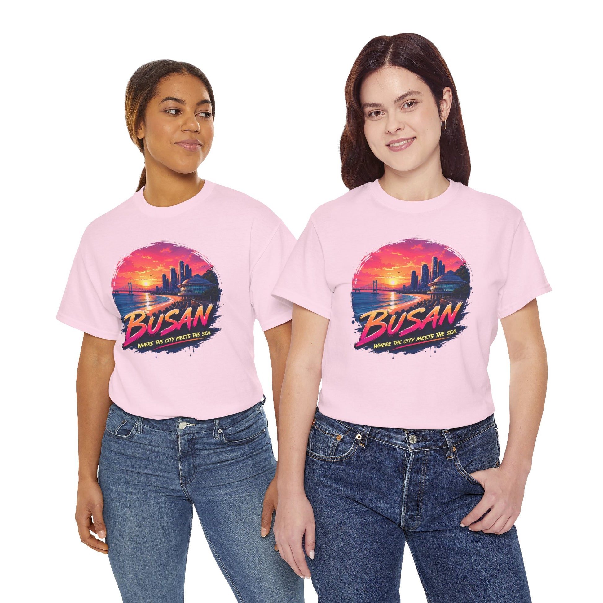 Light pink T-shirt with Busan sunset city graphic on chest