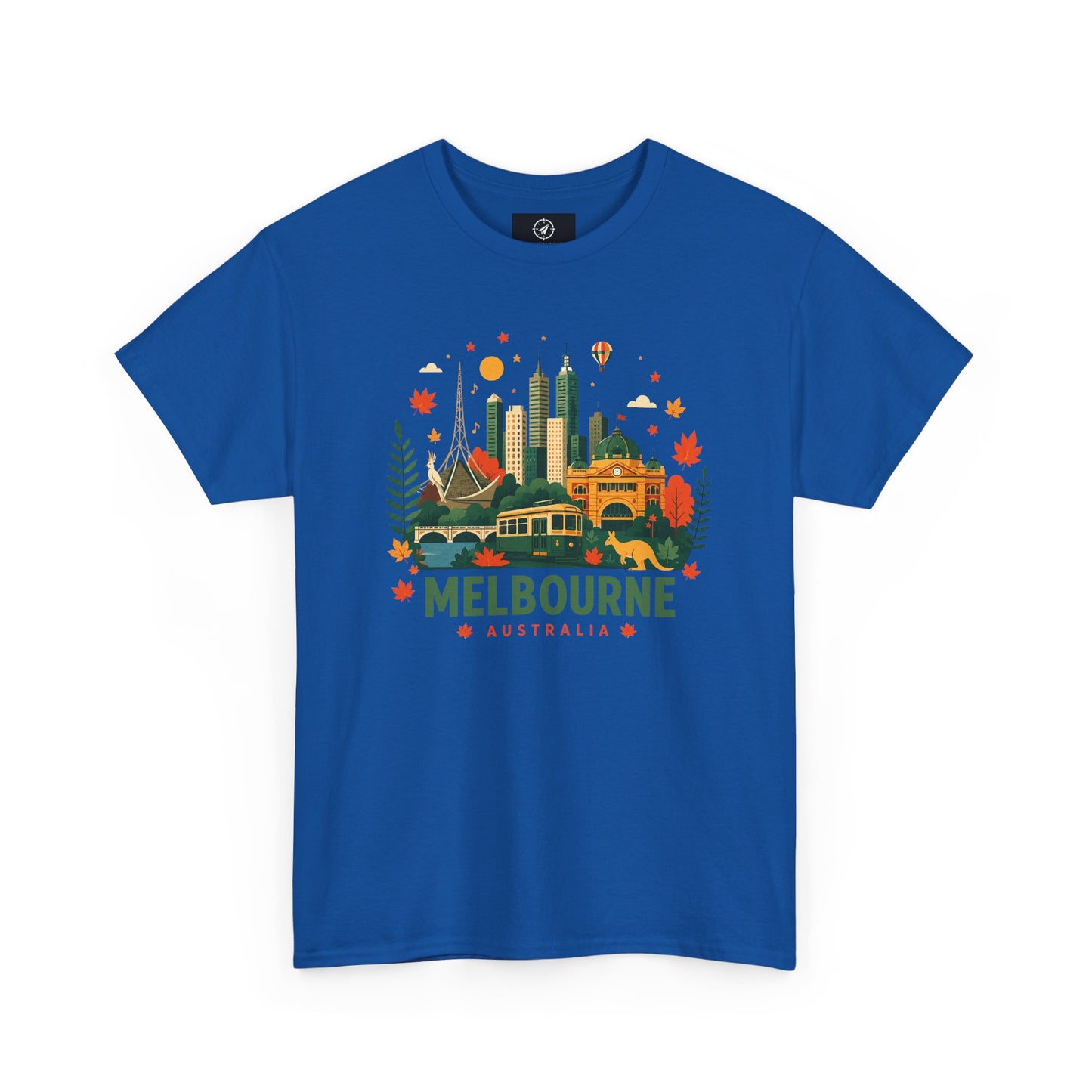 Melbourne skyline t-shirt in royal blue, front graphic city skyline with “Melbourne Australia” text