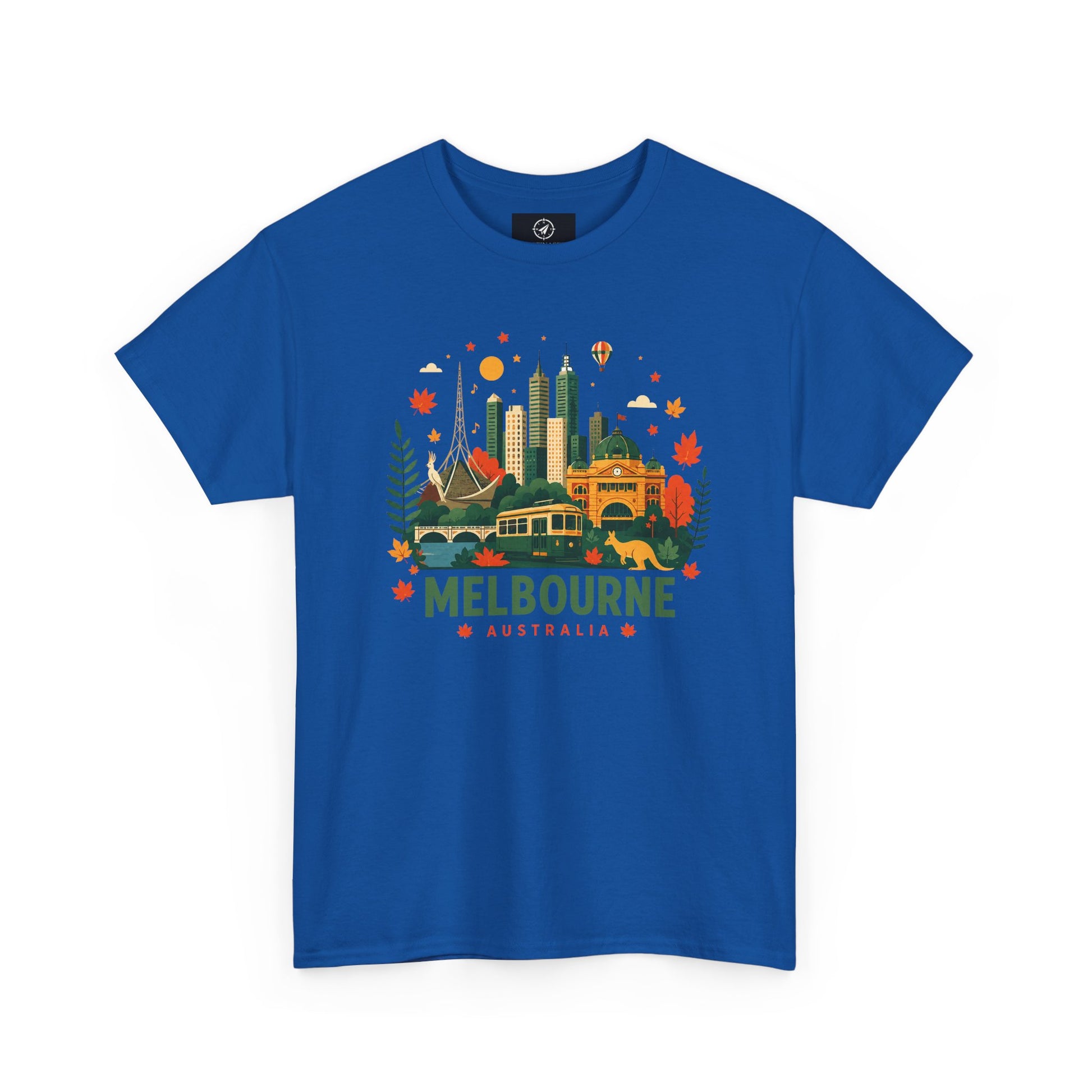 Melbourne skyline t-shirt in royal blue, front graphic city skyline with “Melbourne Australia” text