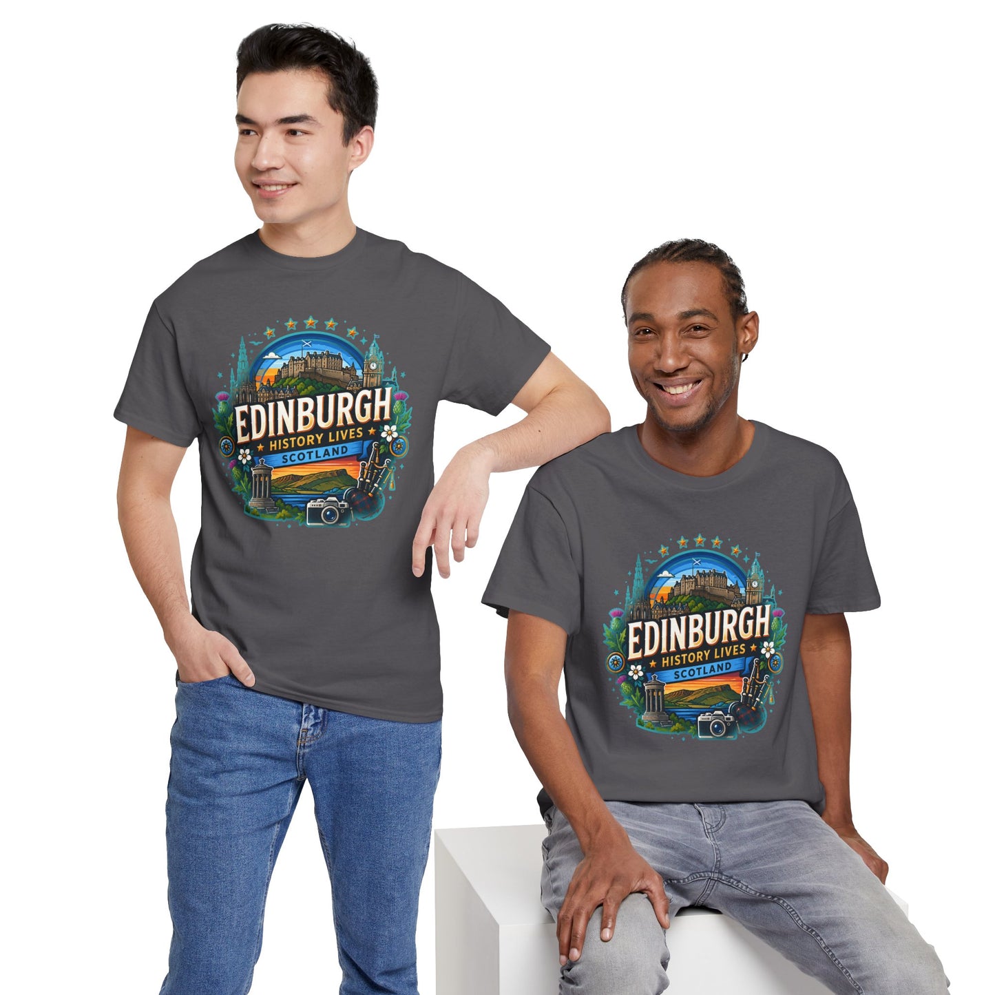 Charcoal gray travel T-shirt with colorful circular Edinburgh graphic on the chest