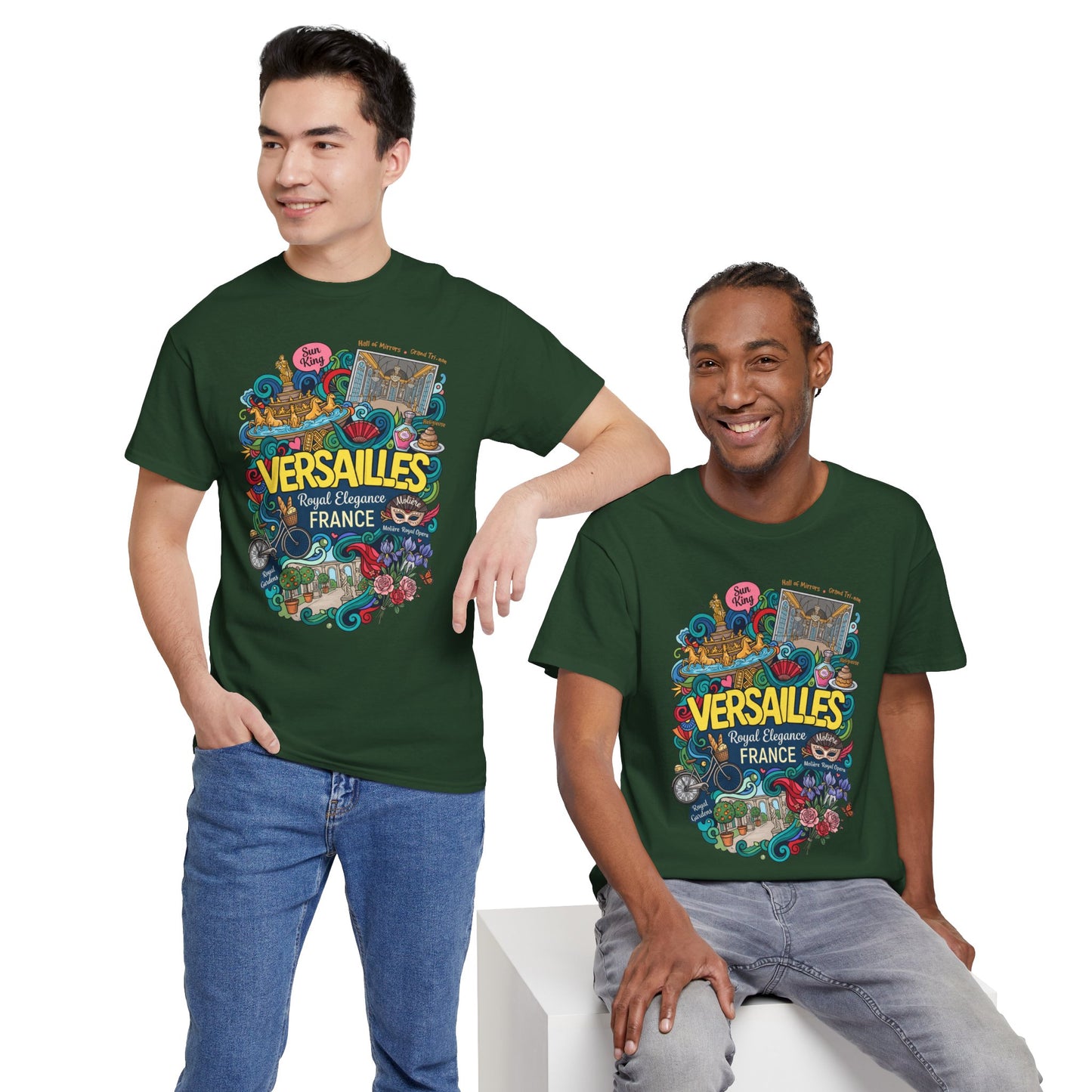 Dark green graphic T-shirt with colorful Versailles France illustration on chest