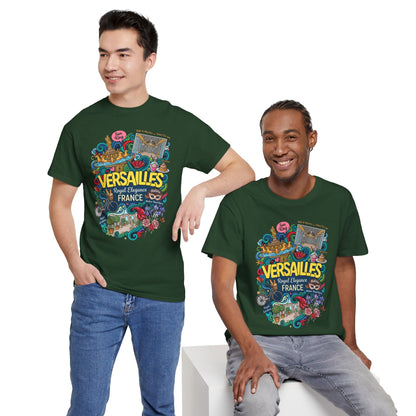 Dark green graphic T-shirt with colorful Versailles France illustration on chest
