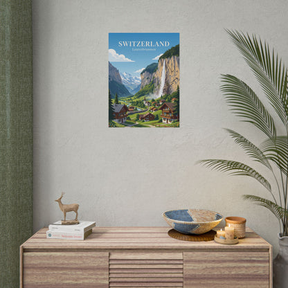 Wall-mounted rolled poster with Switzerland title, Lauterbrunnen valley, waterfall, and houses