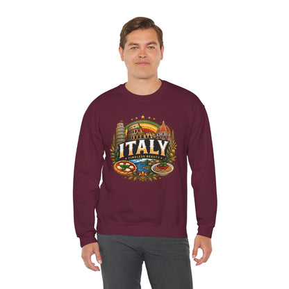 Maroon crewneck sweatshirt with colorful Italy graphic, worn in a front view.