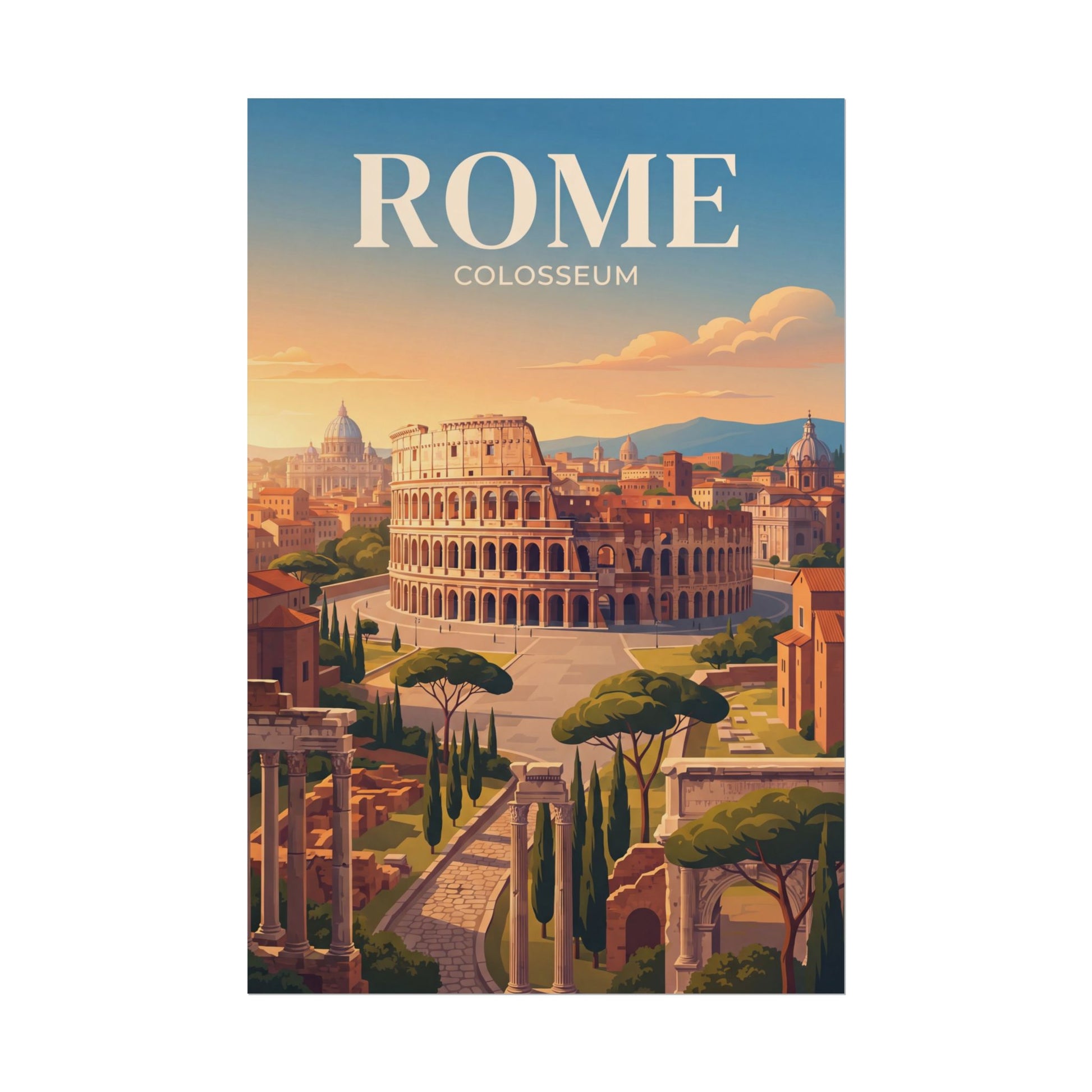 Rome Colosseum rolled poster with sunset skyline illustration and 'ROME' title