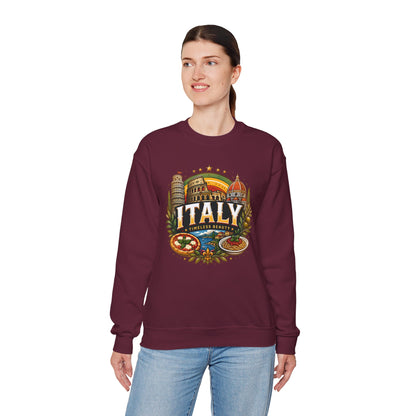 Maroon crewneck sweatshirt with colorful Italy graphic on the front.