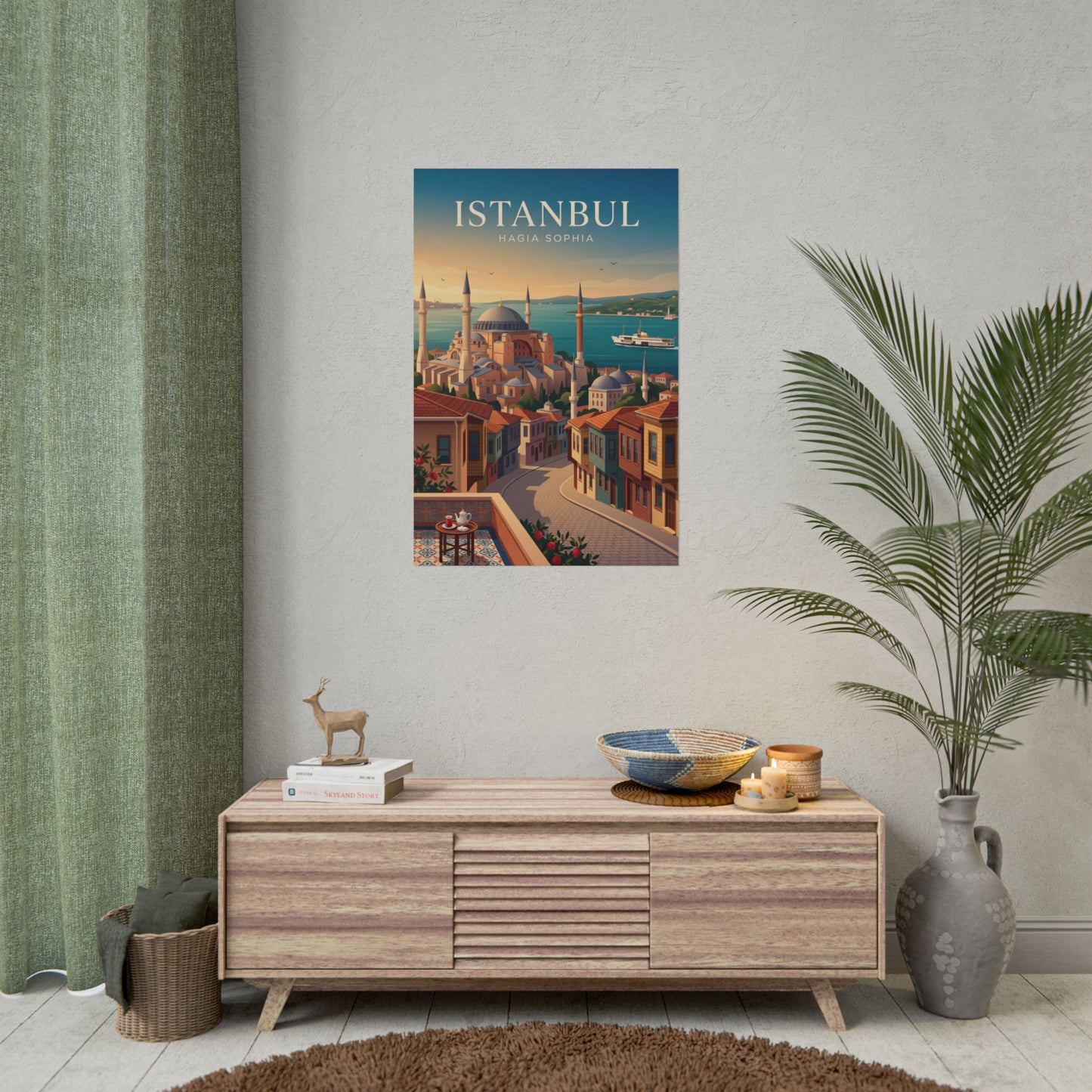 Blue Istanbul cityscape travel poster with Hagia Sophia domes and skyline
