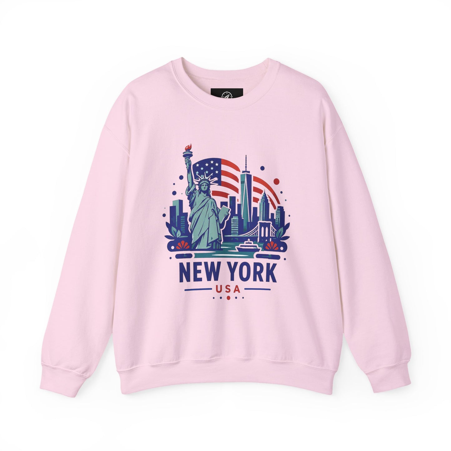 Pink crewneck sweatshirt with New York USA skyline graphic on chest