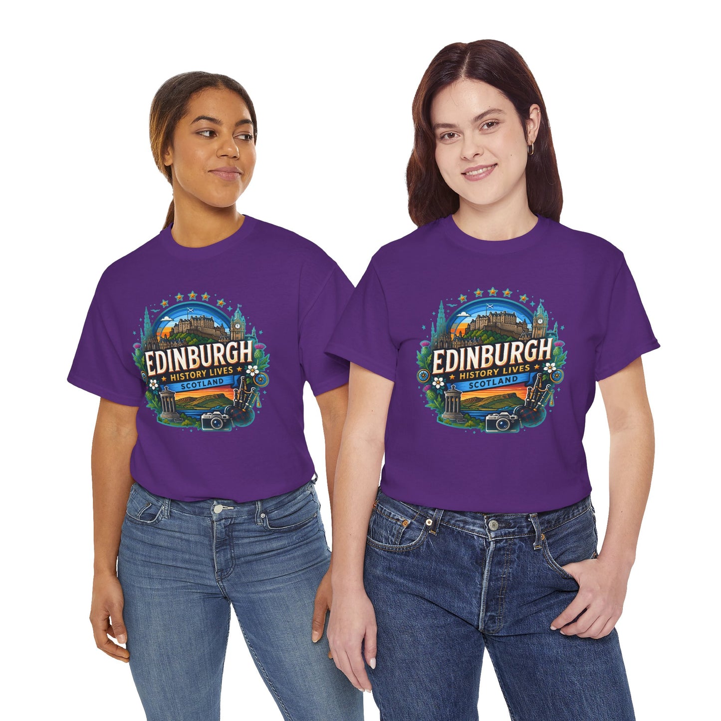 Purple crew-neck T-shirt with Edinburgh emblem graphic, short sleeves, worn by two women