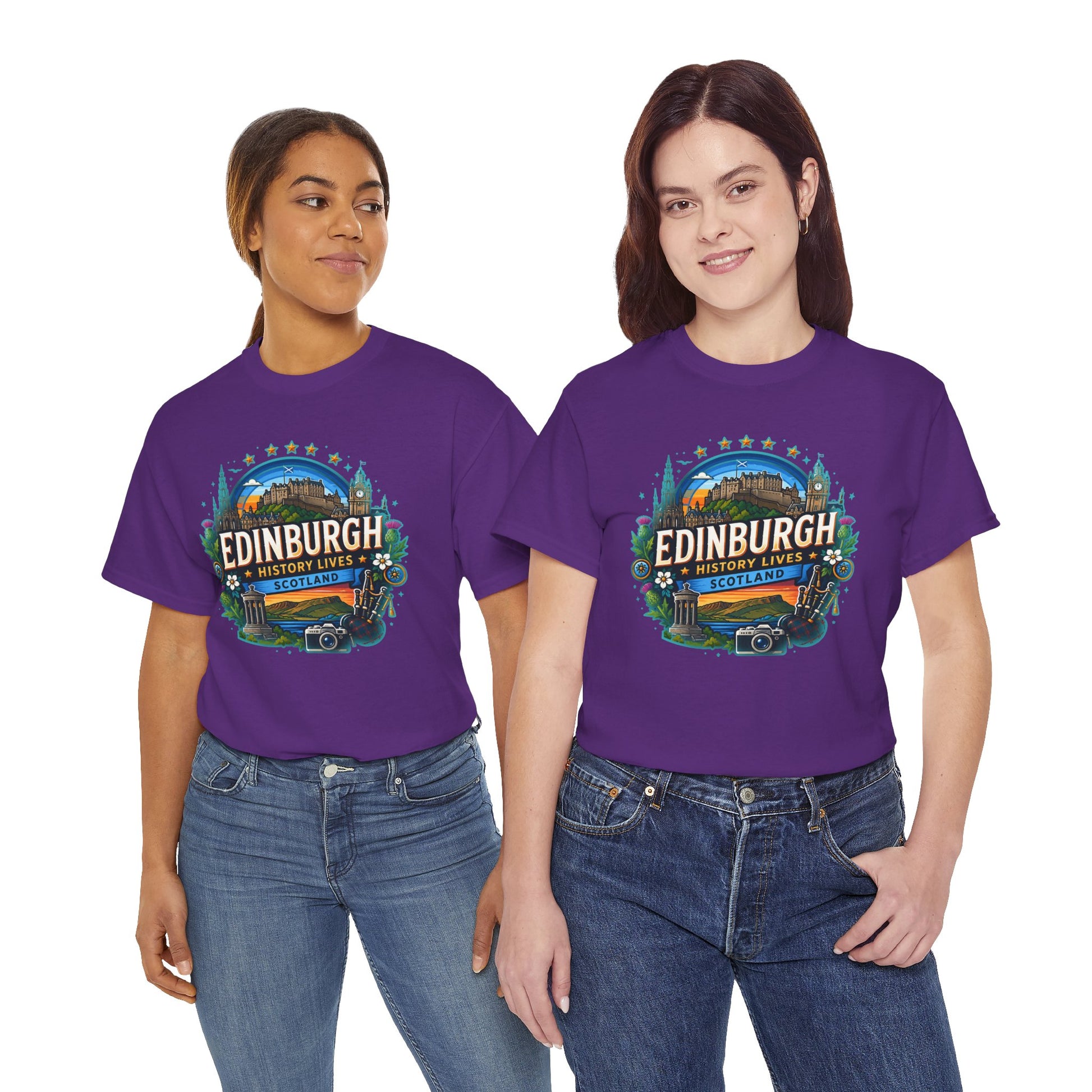 Purple crew-neck T-shirt with Edinburgh emblem graphic, short sleeves, worn by two women