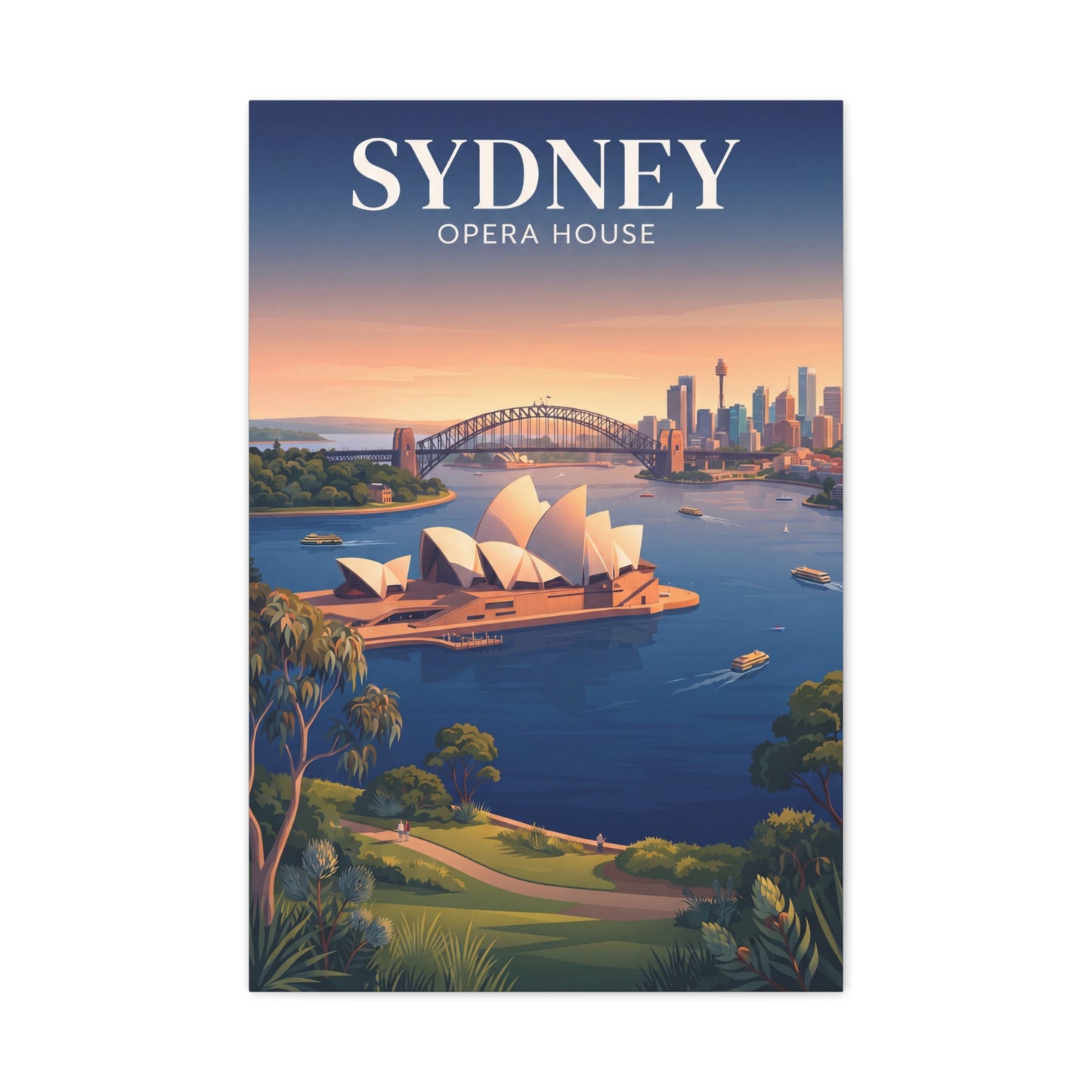 Framed vertical canvas print of Sydney Opera House at sunset with trees and harbor.