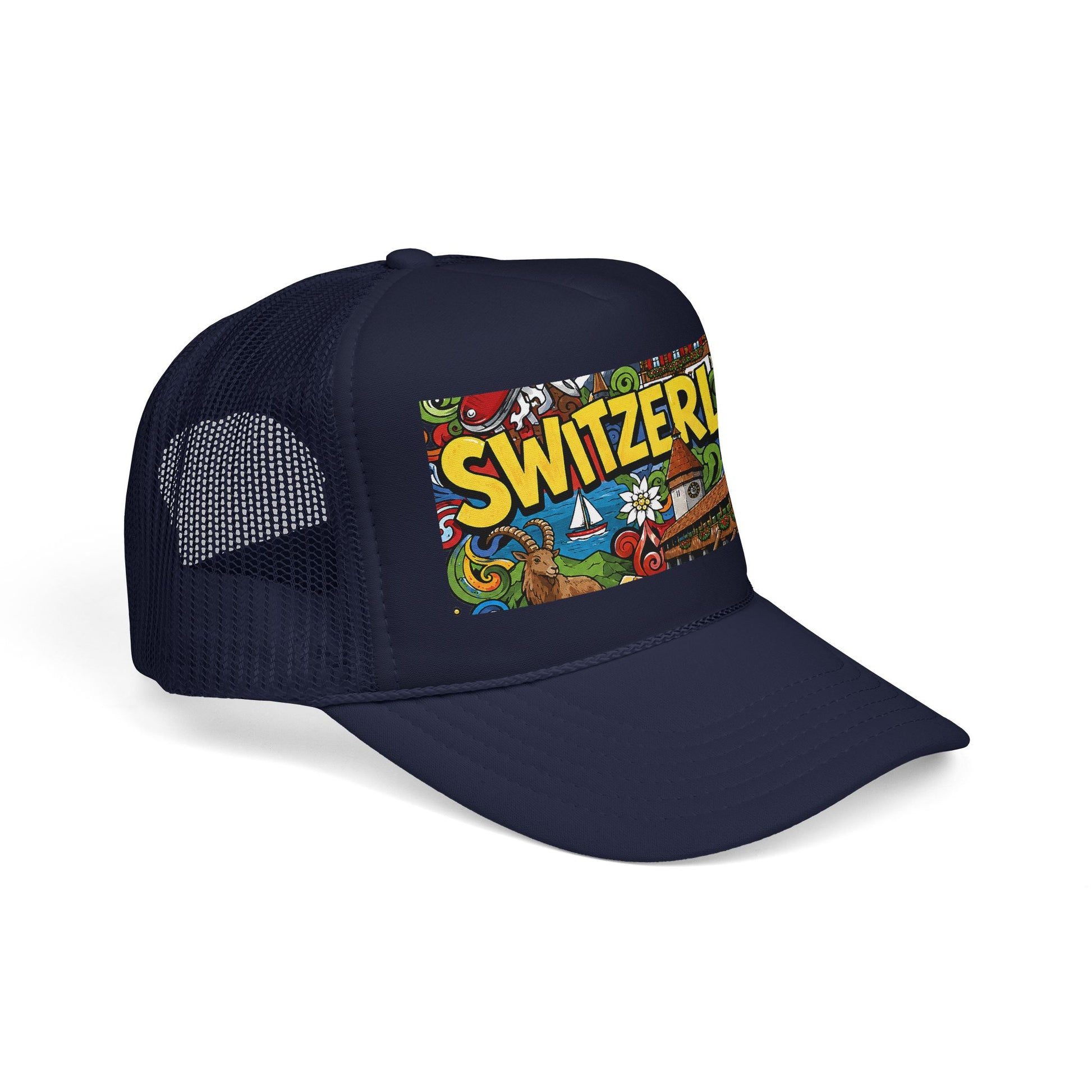 Navy blue trucker hat with mesh back and colorful “SWITZERLAN” front graphic patch