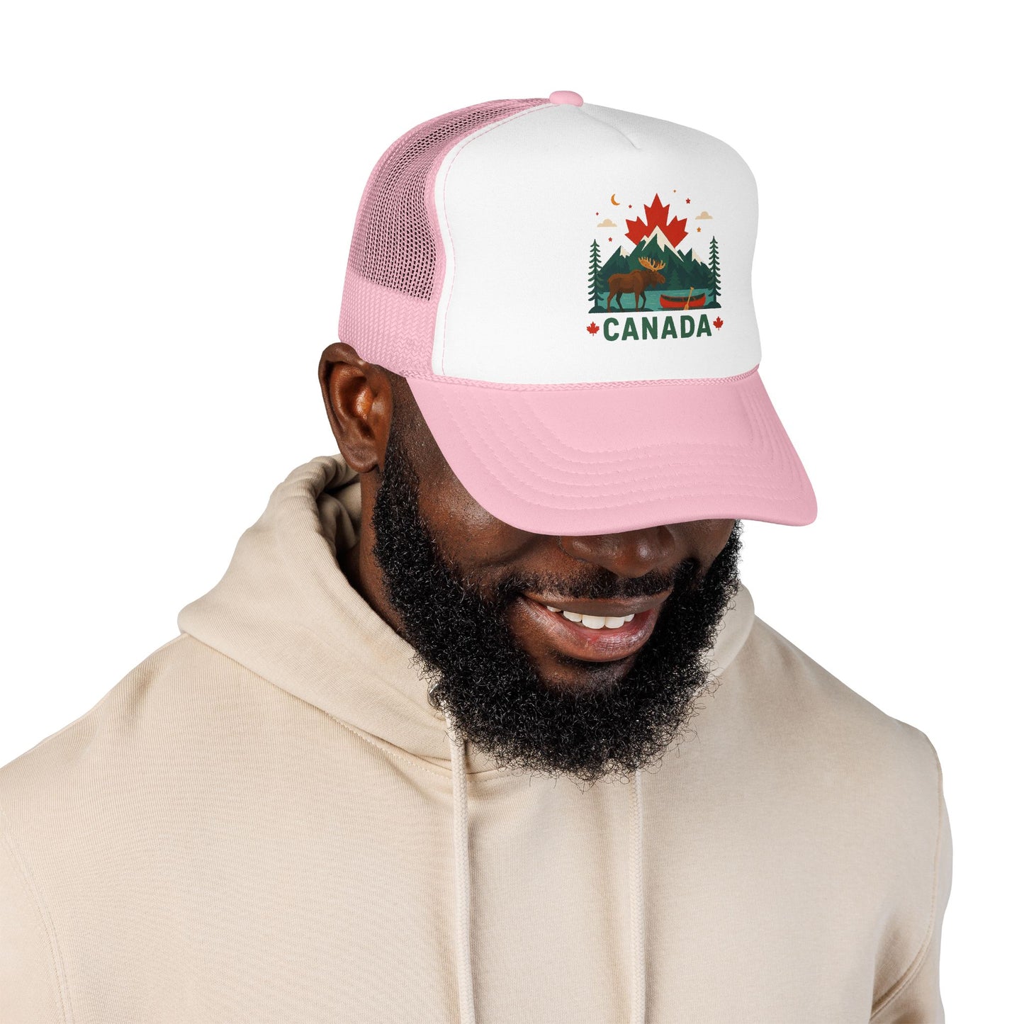 Light pink and white Canada moose trucker hat with Canada emblem front patch
