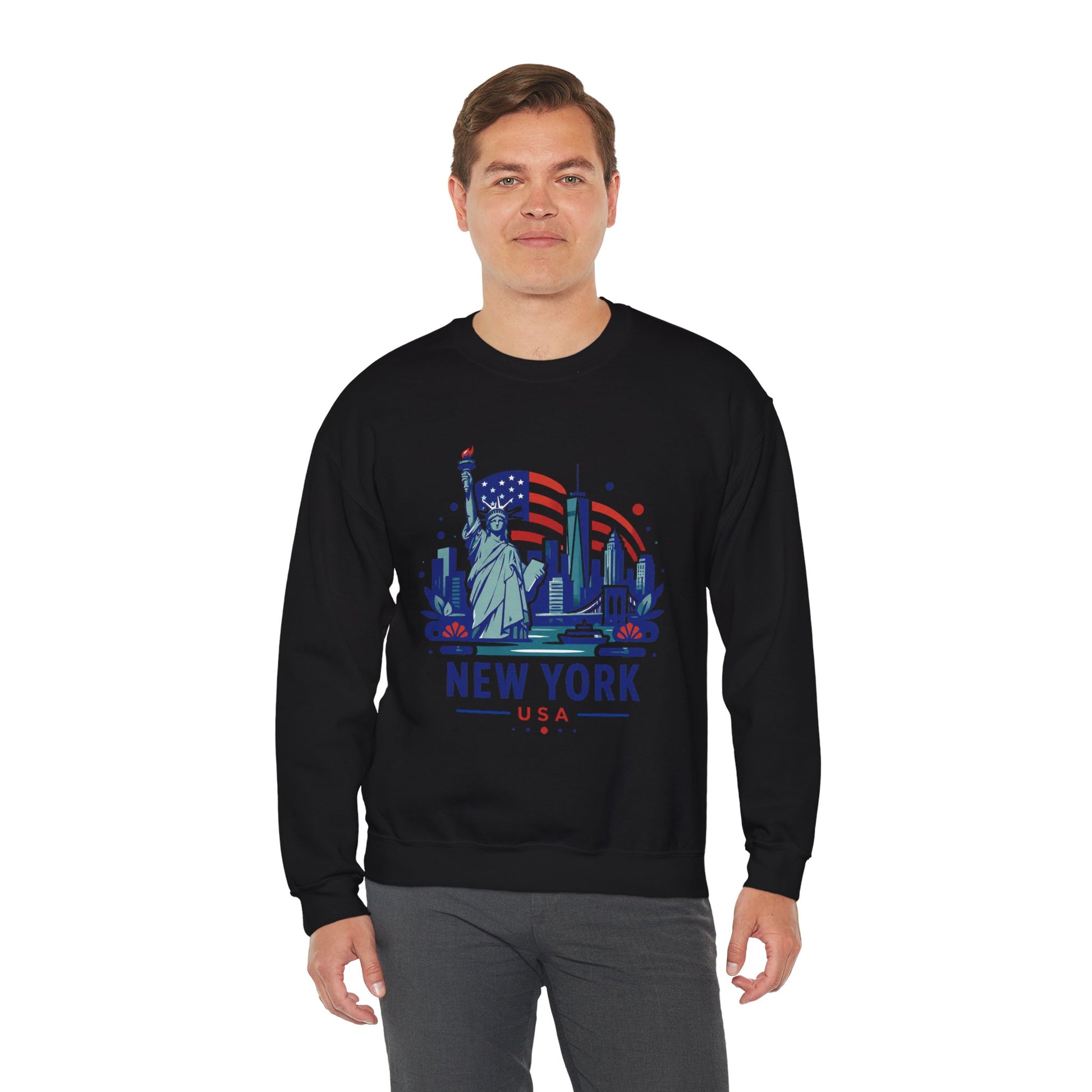 Black crewneck sweatshirt with New York USA skyline graphic front