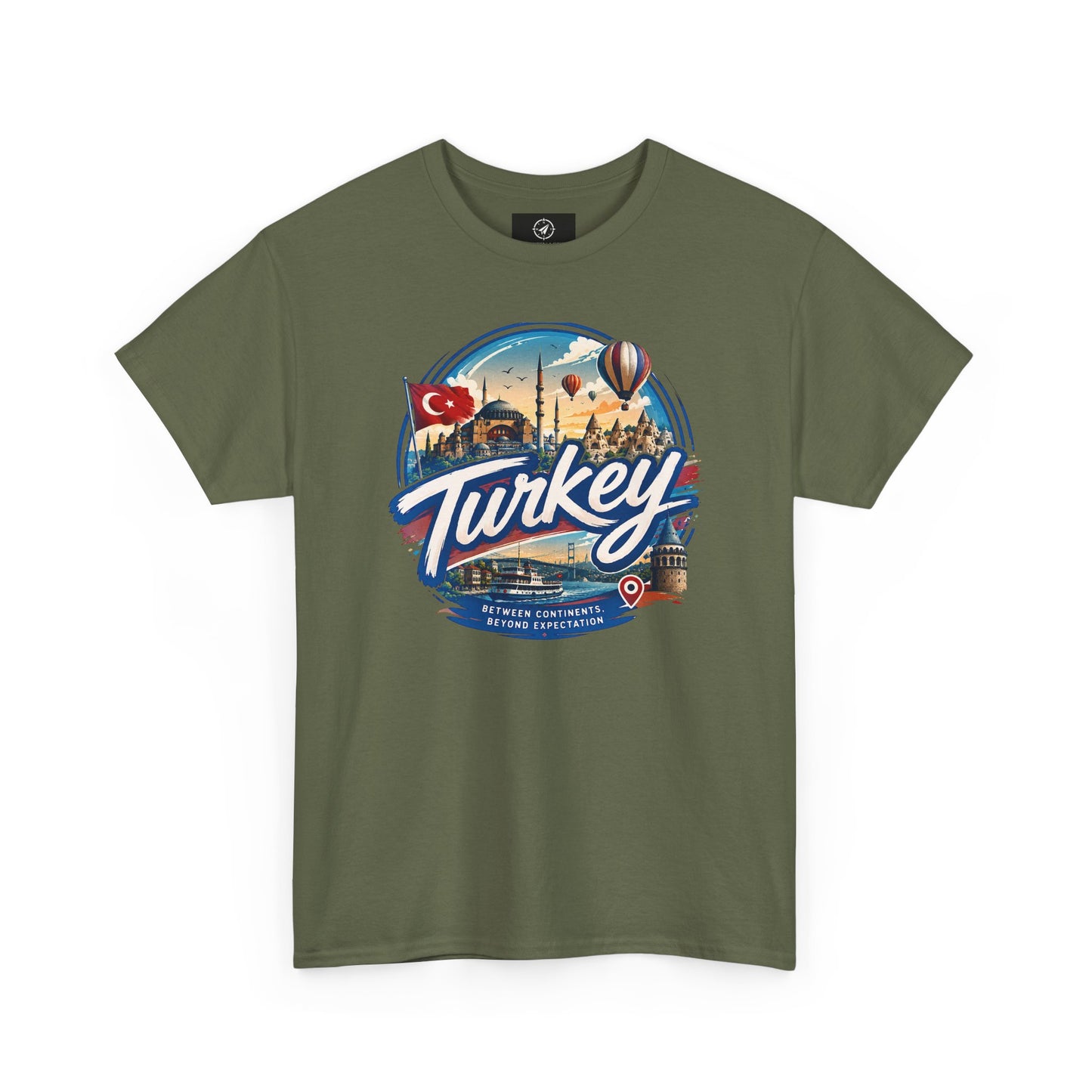 Olive green cotton T-shirt with Turkey travel graphic on front