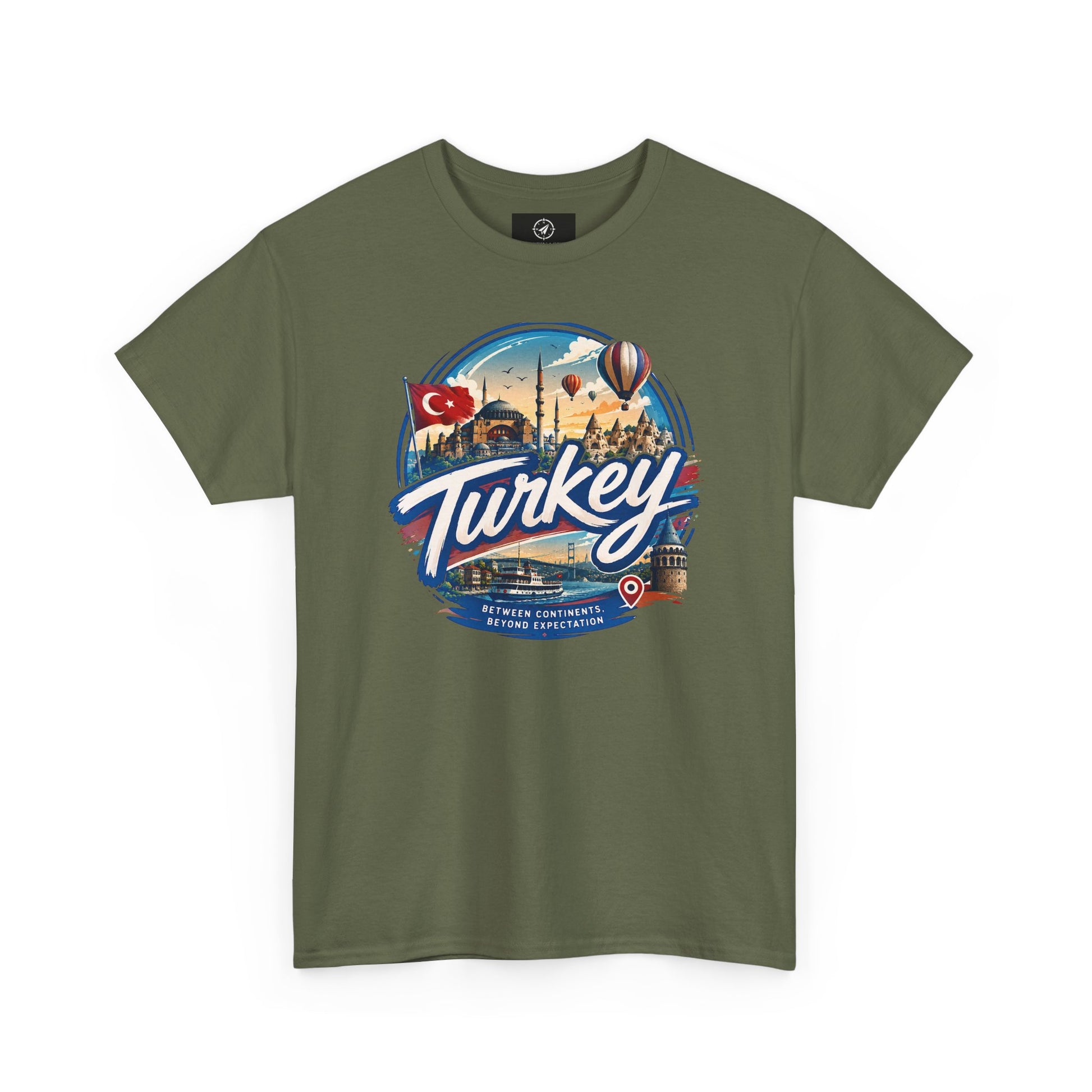 Olive green cotton T-shirt with Turkey travel graphic on front