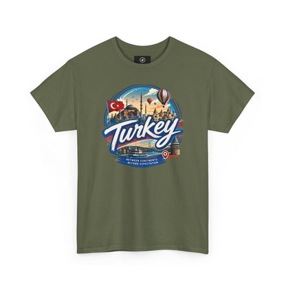 Olive green cotton T-shirt with Turkey travel graphic on front