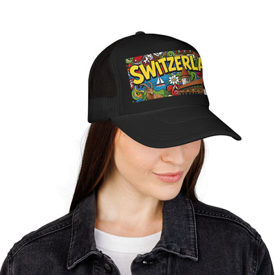Black trucker hat with mesh back and colorful “SWITZERLAN” front graphic patch