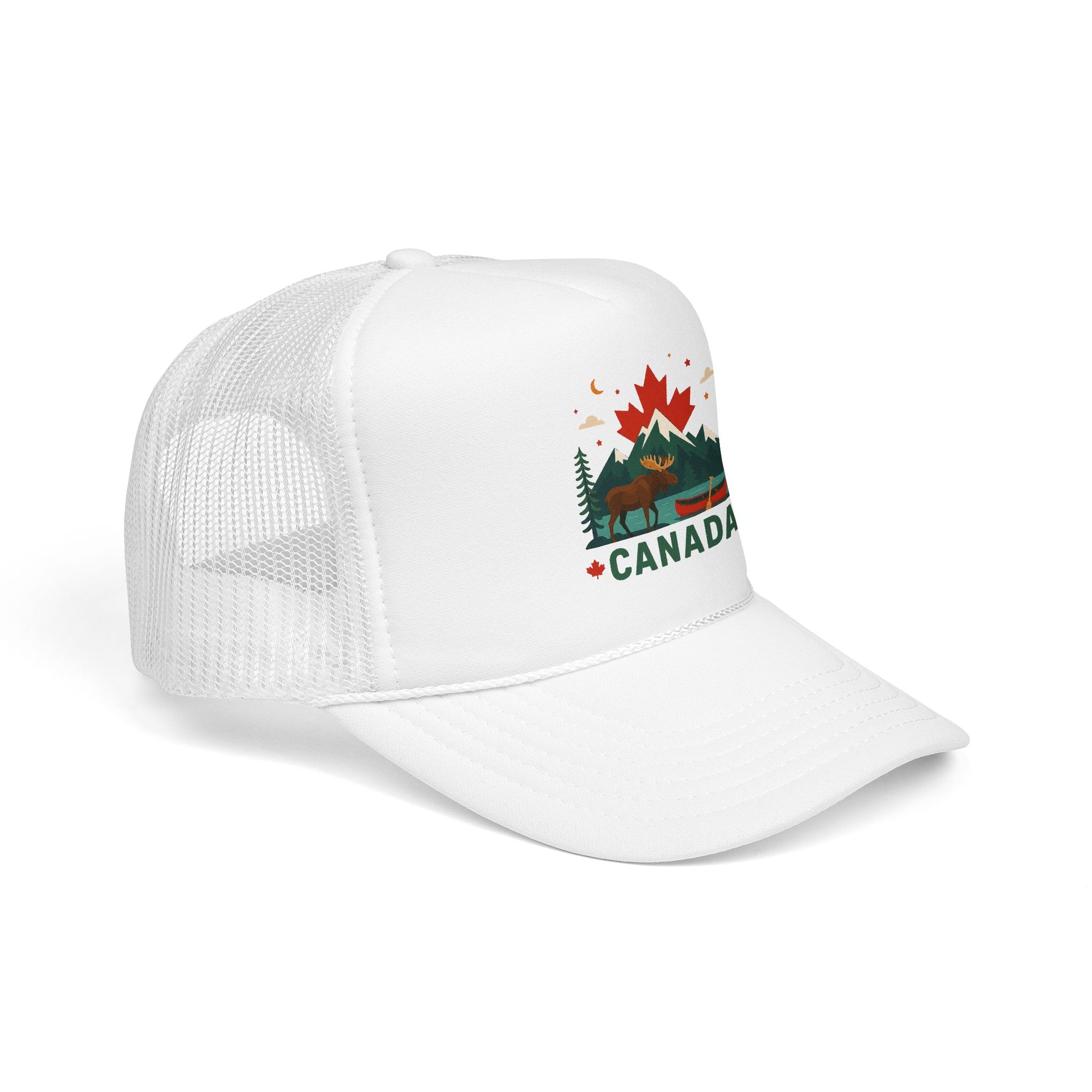 White Canada moose trucker hat with white mesh back and Canada emblem front patch