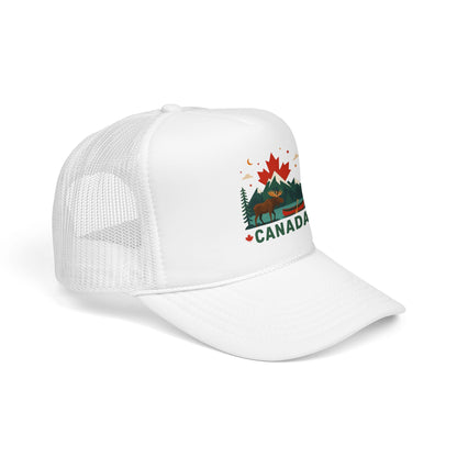 White Canada moose trucker hat with white mesh back and Canada emblem front patch