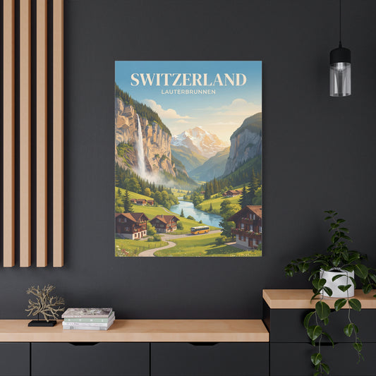 Canvas wall art of Swiss alpine valley with mountains, village houses, river, and train