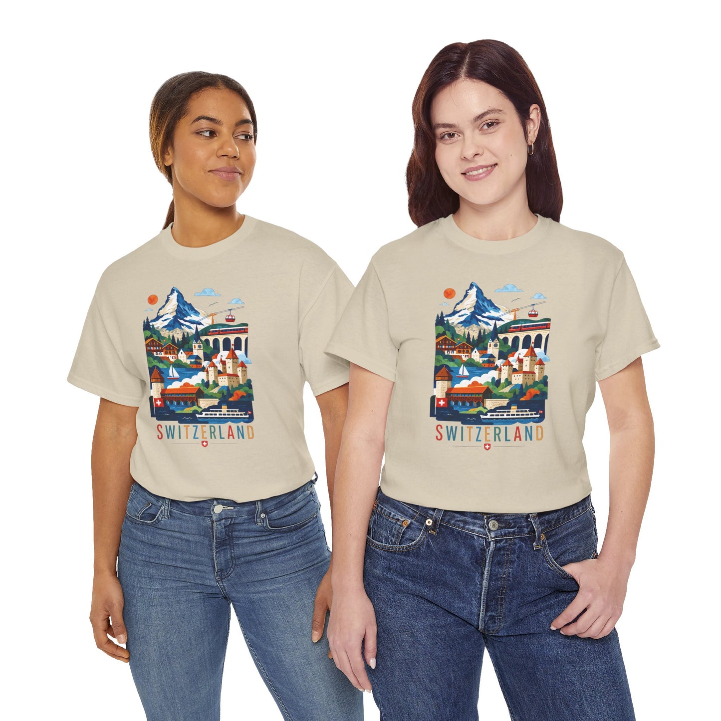 Natural crew-neck T-shirt with colorful Switzerland village graphic on front