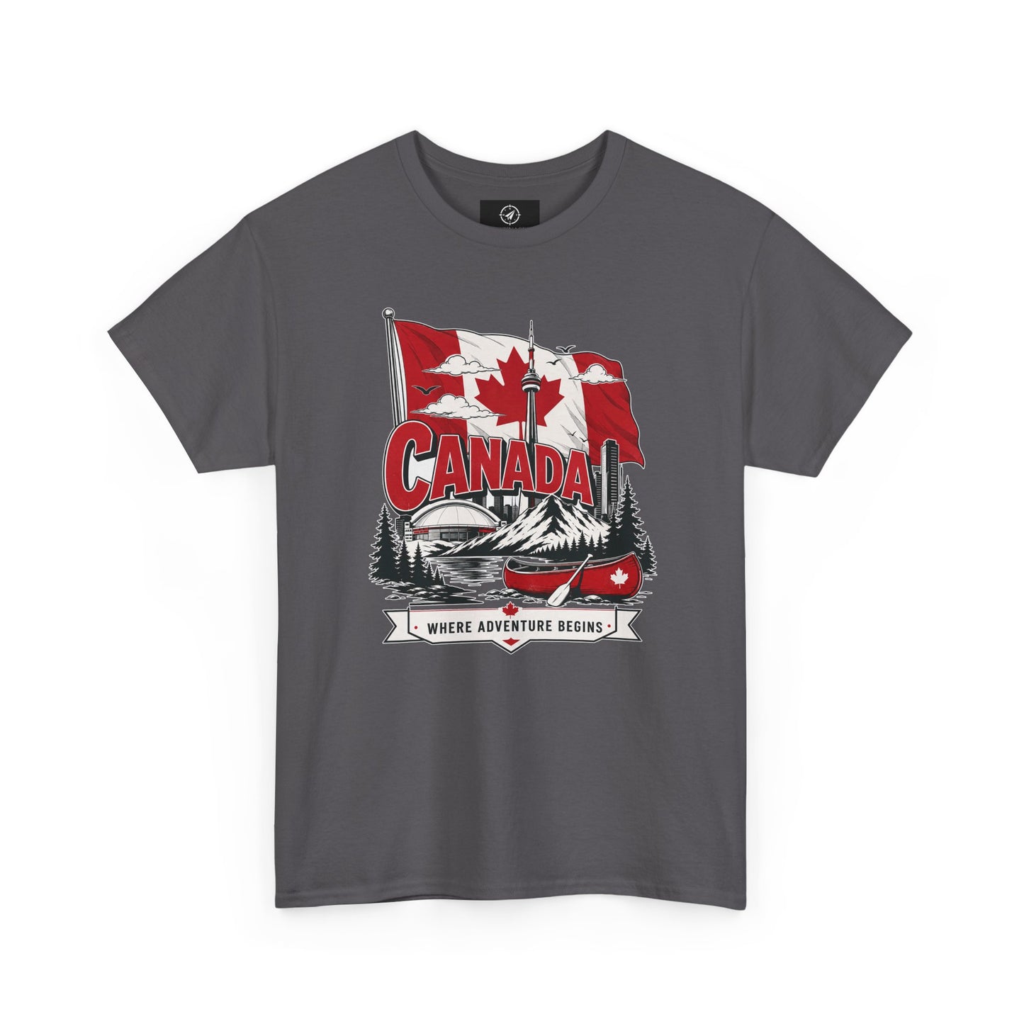 Charcoal crew-neck t-shirt with Canada flag and logo graphic on the chest