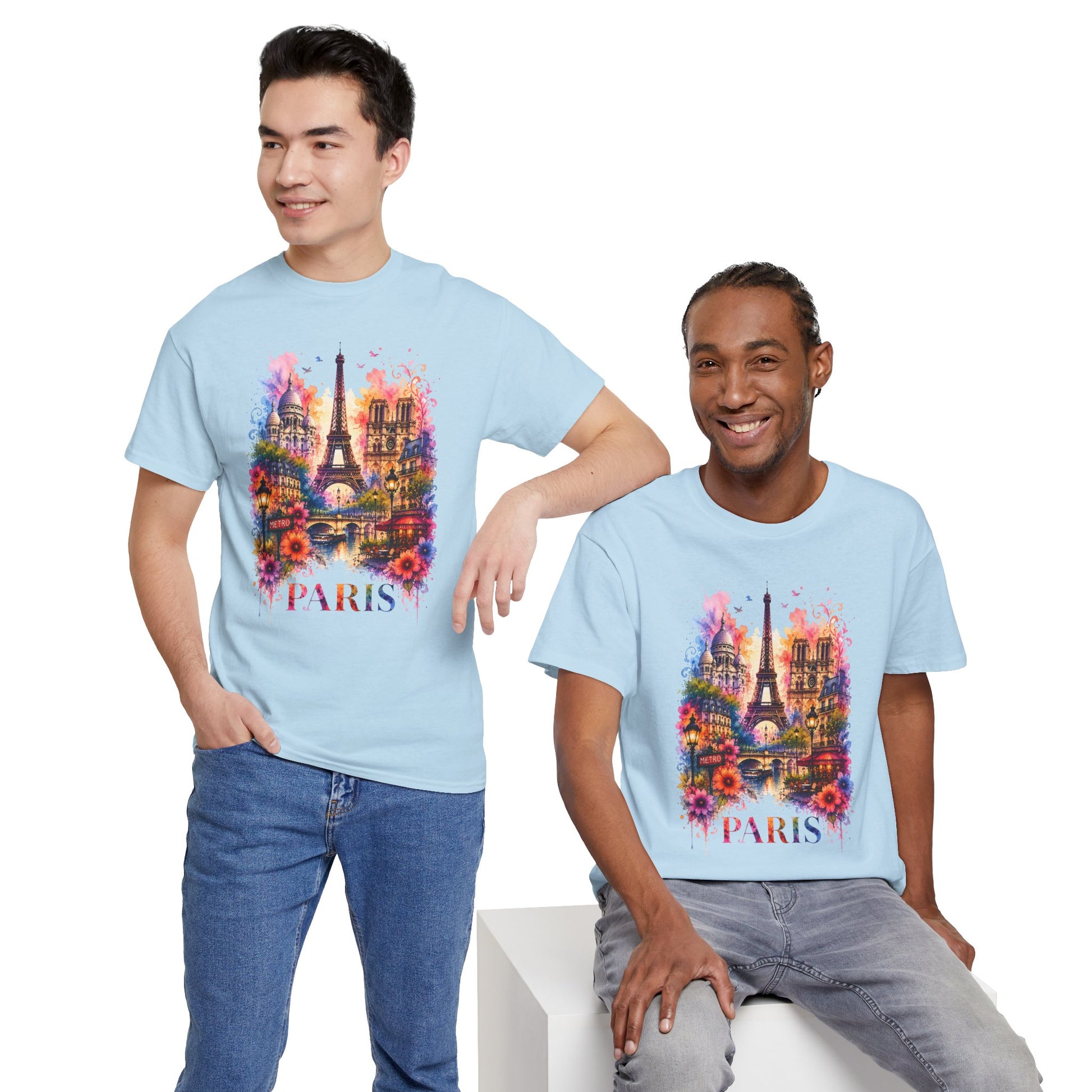 Light blue graphic T-shirt with colorful floral Eiffel Tower illustration and “PARIS” text